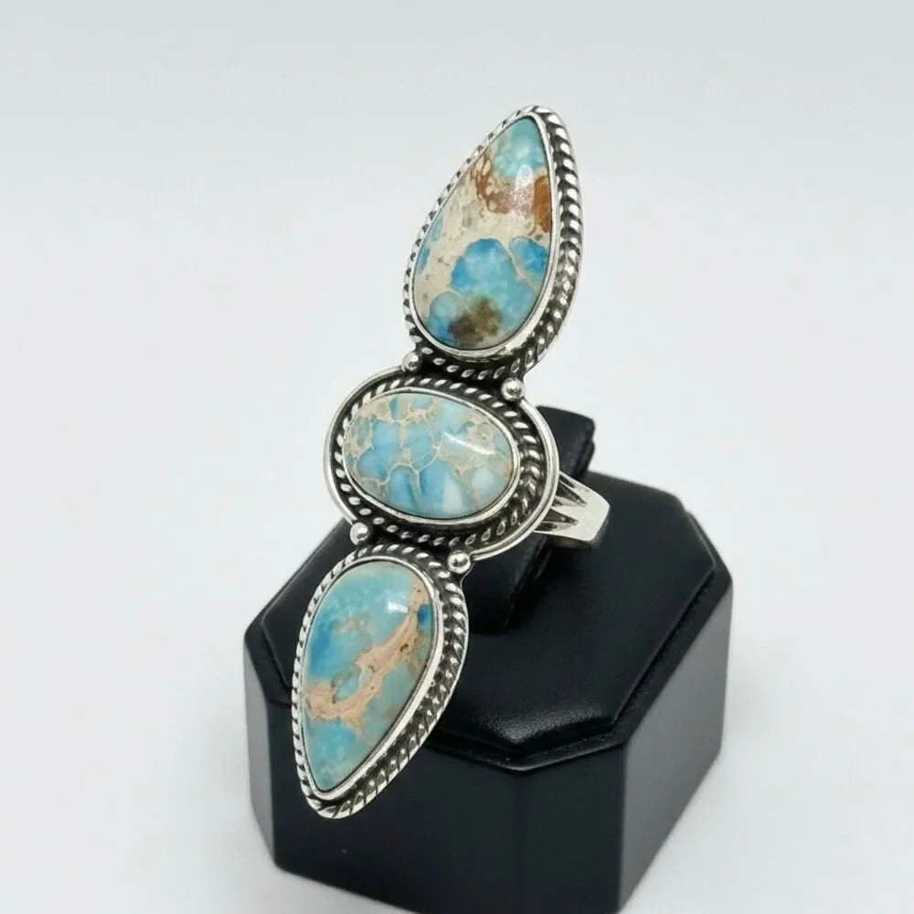 Southwestern Sea Sediment Jasper Triple Teardrop Oval Statement Casual Ring 7